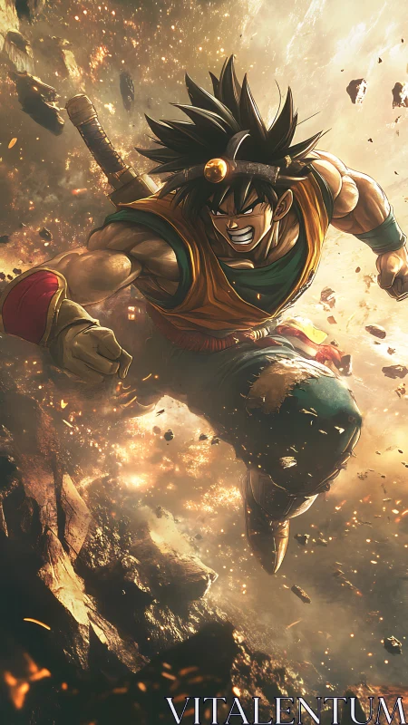 Explosive anime warrior charging through molten debris.