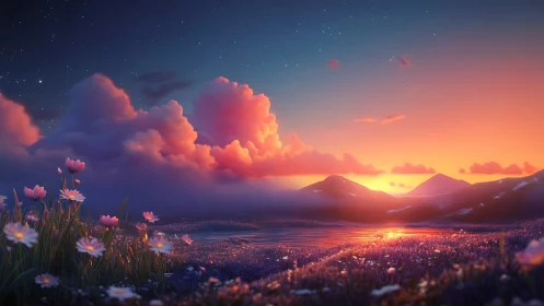 Dreamlit alpine lake at sunset beneath glowing clouds.