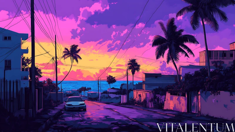 Sunset-soaked coastal street glowing in dreamy neon hues.