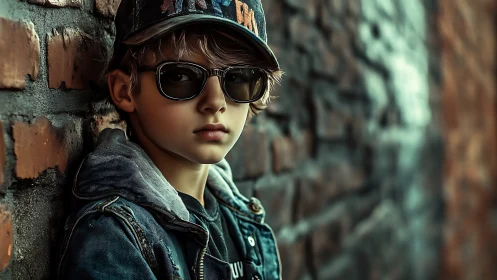 Urban Youth Portrait: Sunglasses and Vintage Cap Against Weathered Brick.