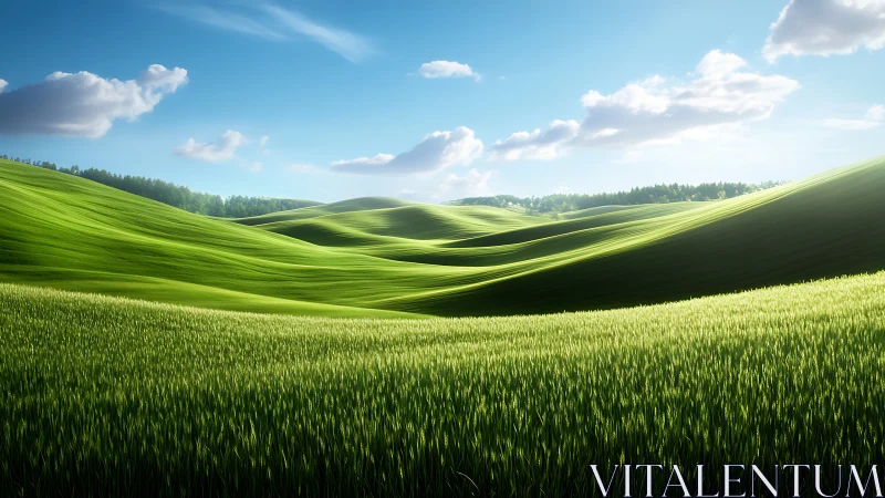 Sunlit green hills rolling gently under a bright spring sky.