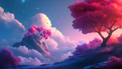 Digital landscape shows pink trees on cloud-covered hills at dusk