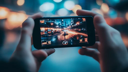 Hands hold smartphone displaying night racing game scene
