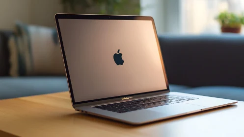 Sunlit laptop waits quietly on a warm wooden workspace table.