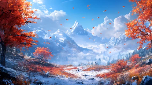 Crimson autumn valley meets fresh snow beneath alpine peaks.