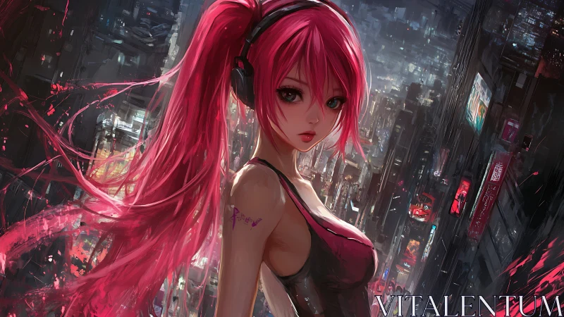Neon haired girl listens over cyberpunk city at night
