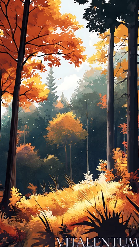 Autumn Forest Path: Golden Light Through Towering Trees.