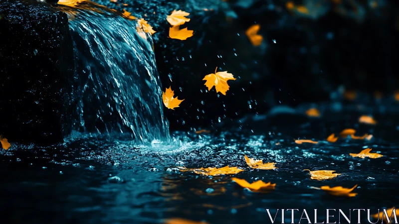 Autumn leaves drift beside small waterfall at night.