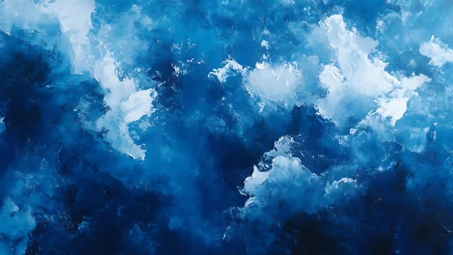 Abstract blue and white clouds painting with textured brushstrokes.