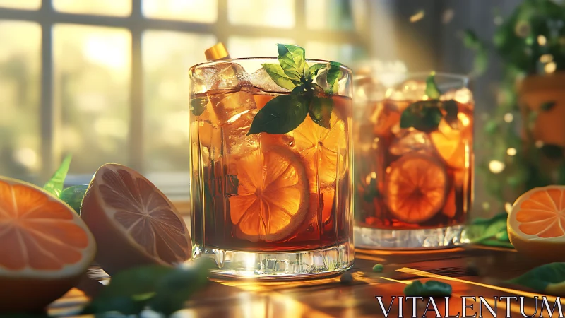 Citrus Iced Cocktail with Fresh Mint in Golden Hour Lighting