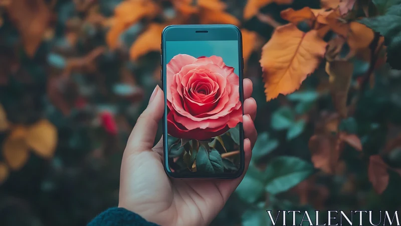 Hand Holding Smartphone Displaying Pink Rose in Autumn Garden