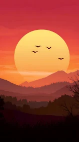 Golden sunset embracing quiet mountains and gentle flight.