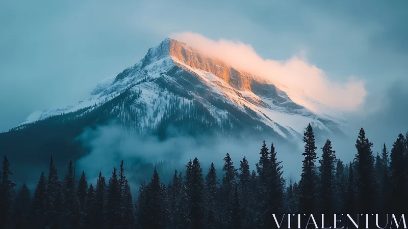 Snow-covered mountain ridge with low clouds at sunrise.