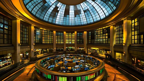 Grand trading floor glows beneath towering glass dome.