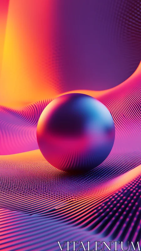 Iridescent sphere rests on neon gradient wave surface