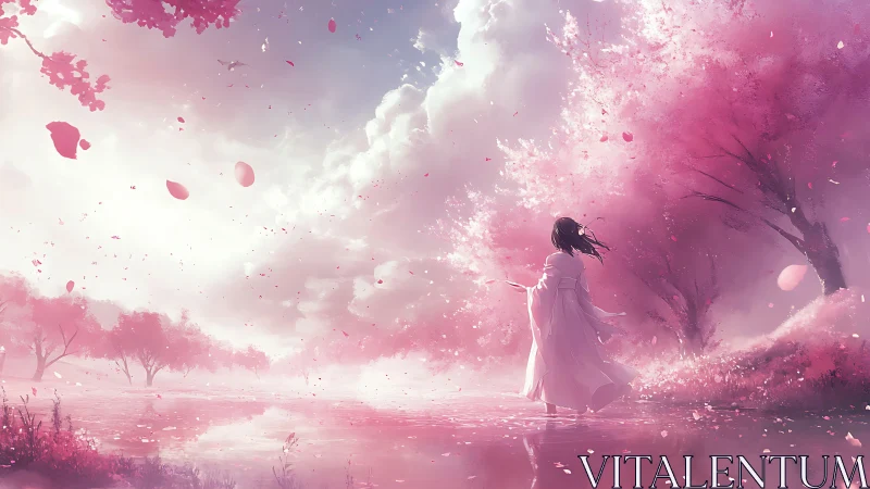 Girl in white standing in pink cherry blossom landscape.