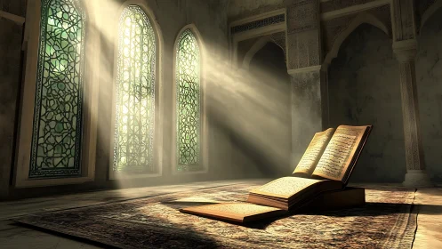 Sunlit Quran resting peacefully in a quiet sacred hall.