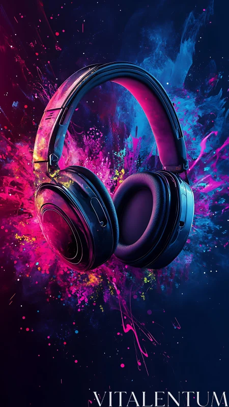 Headphones suspended in neon paint burst on dark field.