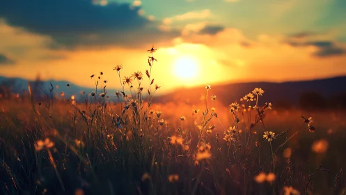 Sunlit wildflower meadow under glowing summer horizon.