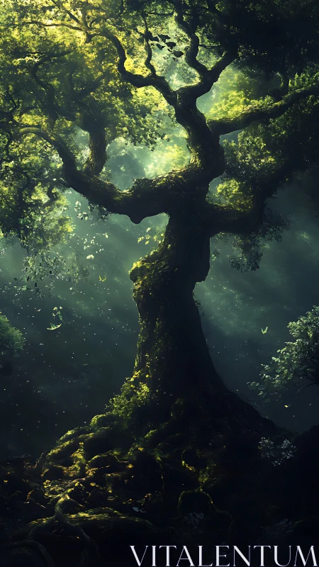 Ancient forest guardian stretches skyward through misted light