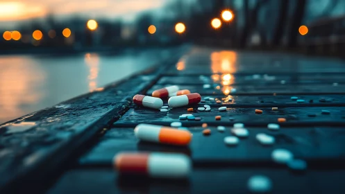 Spilled capsules on wet boardwalk at blue hour waterfront.