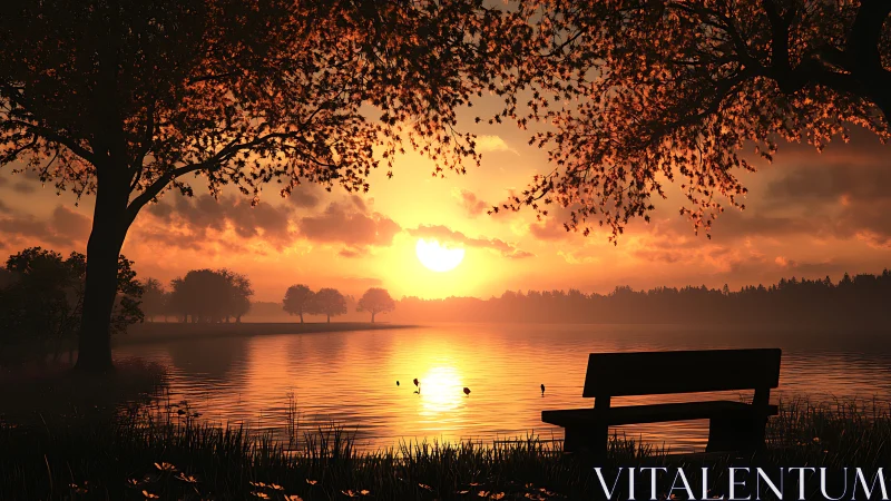 Bench faces low sun over calm reflective lake at sunset
