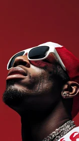 Bold street portrait in red with confident upward gaze.