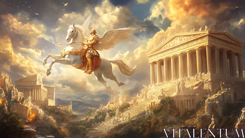 Winged warhorse ascends above radiant ancient acropolis.