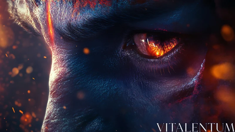 Infernal gaze in close-up, ember-lit demonic eye portrait.