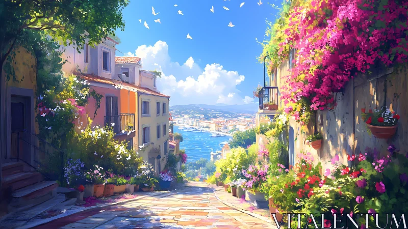 Sunlit Mediterranean alley descends toward a radiant coastal bay