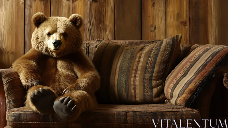 Anthropomorphic teddy bear on rustic sofa, high-detail render.