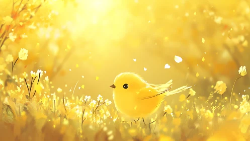 Golden songbird amid sunlit blossoms in soft focus meadow.