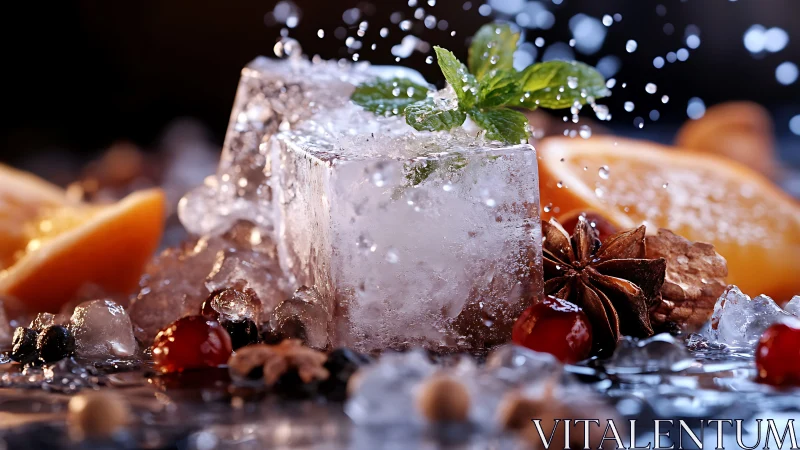 Ice cube with water droplets showing refraction and crystalline structure.