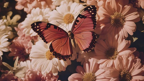Pink butterfly resting on clustered pale chrysanthemum blooms.