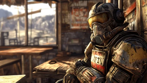 Armored wanderer rests in a sunlit post apocalyptic outpost