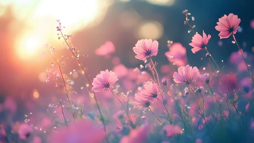 Pink cosmos flowers bathed in golden sunset glow.