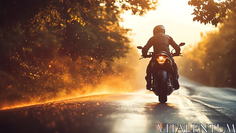 Motorcyclist rides sunlit wet road through glowing forest.