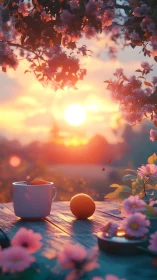 Sunlit citrus still life beneath blooming spring canopy.