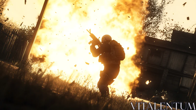 Backlit soldier silhouette framed by high-intensity urban explosion