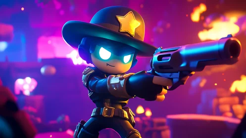 Glow-eyed space sheriff aims blaster in neon battle arena
