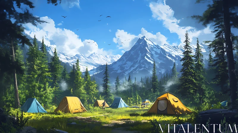 Sunlit mountain camp ringed by evergreens and soaring peaks.