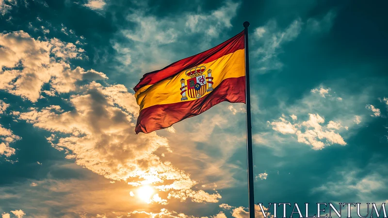 Spanish flag against cloudy sky at warm sunset light.
