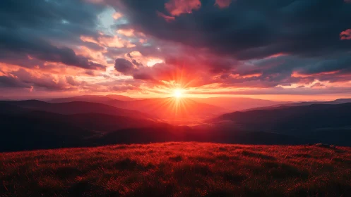 Sun aligns centrally over layered hills at low horizon line