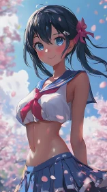 Anime schoolgirl in cropped sailor uniform among cherry blossoms