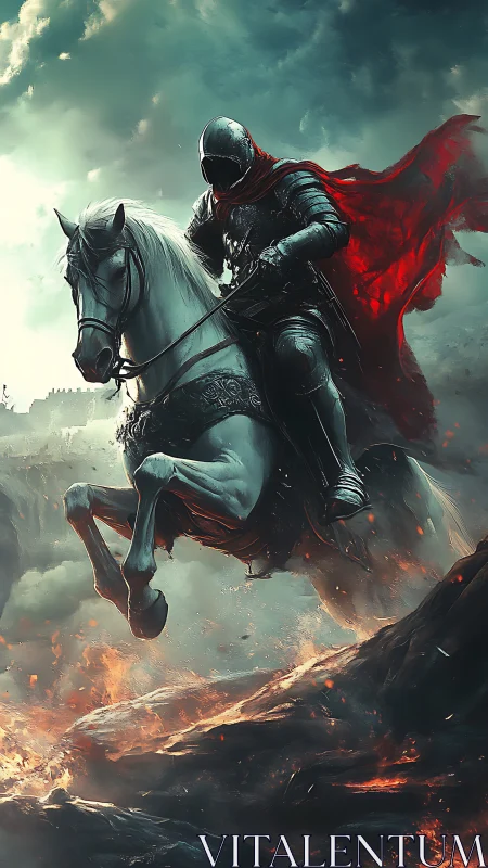 Dark armored knight rides through fire beneath storm clouds.