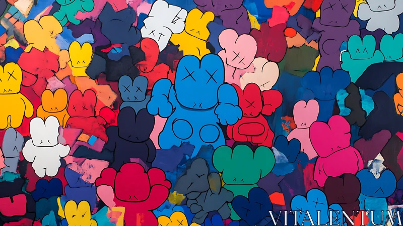 Color crowd cartoon bunnies with crossed eyes in chaos.