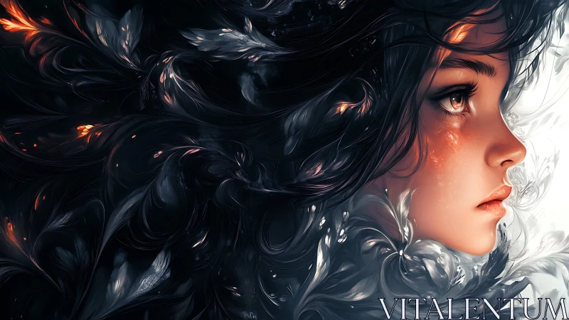 Digital painting portrait with swirling abstract feather forms.