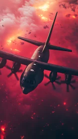 Military transport aircraft dives through burning red sky