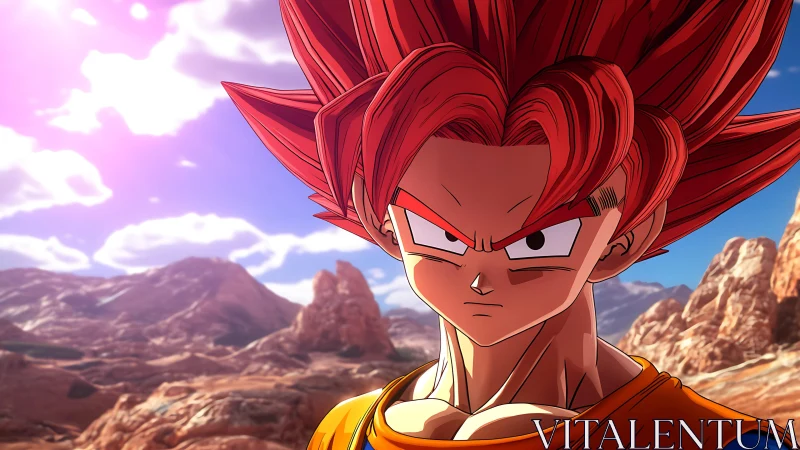 Red-haired anime fighter stands in rocky desert landscape