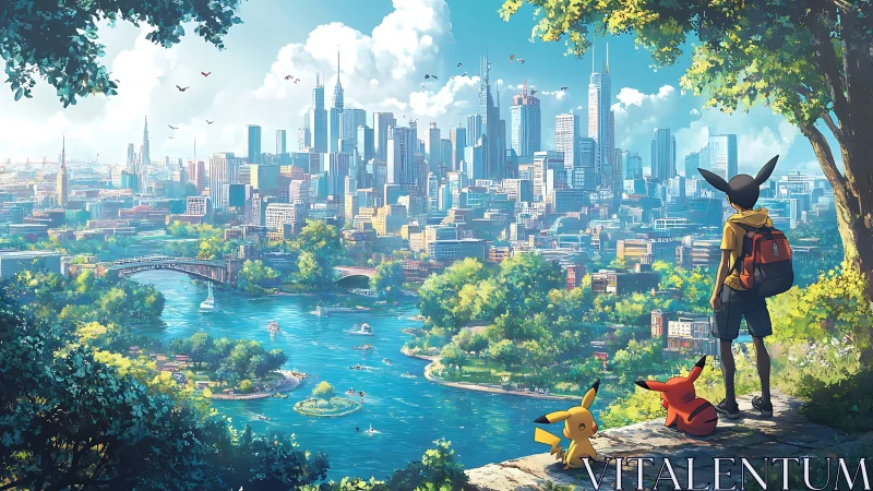 Urban river panorama with trainer and Pikachu companions.